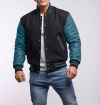 Black Wool Body & Teal Leather Sleeves Letterman Jacket